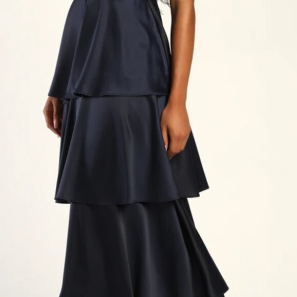 Lulus Going With Elegance Navy Blue Satin Tiered Maxi Dress - Size M - Picture 3 of 5